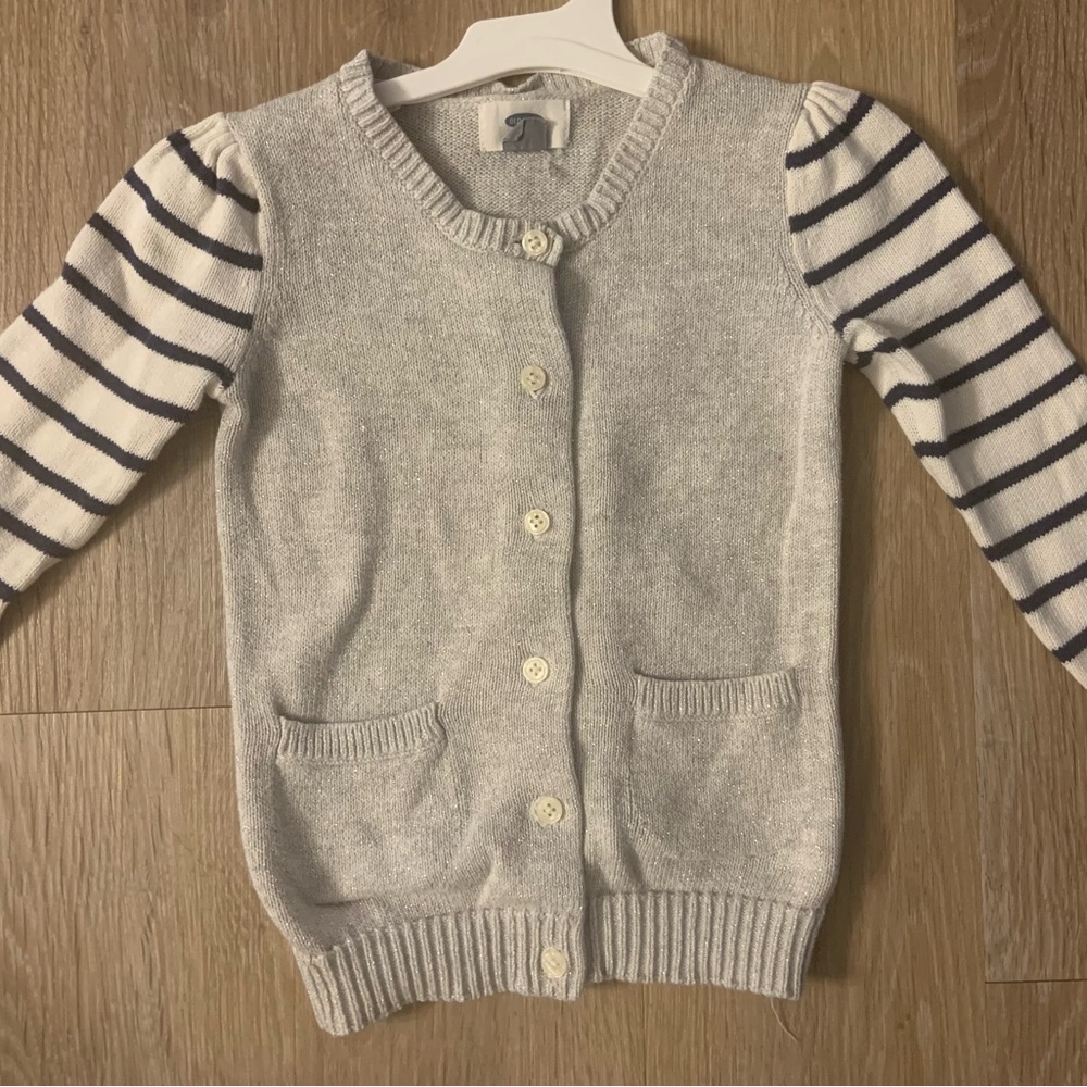 Old Navy Gray With Silver Specks Cardigan With White & Navy Striped Sleeves